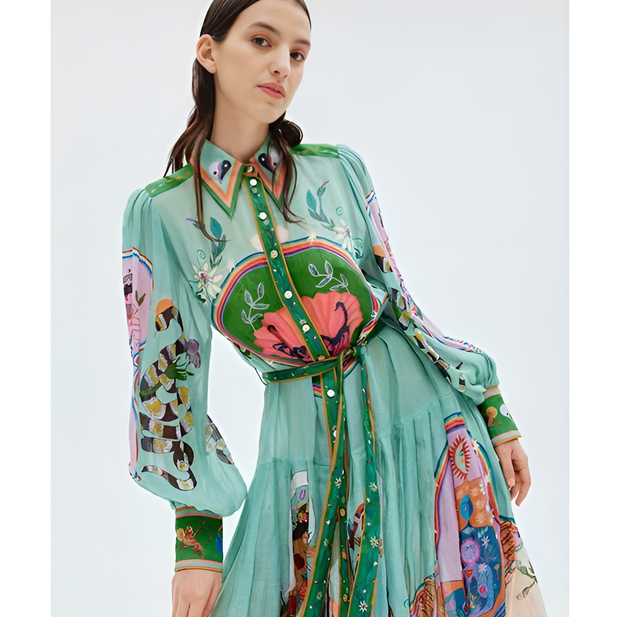 Marisela İllüstratif Desenli Kuşaklı Gömlek Elbise