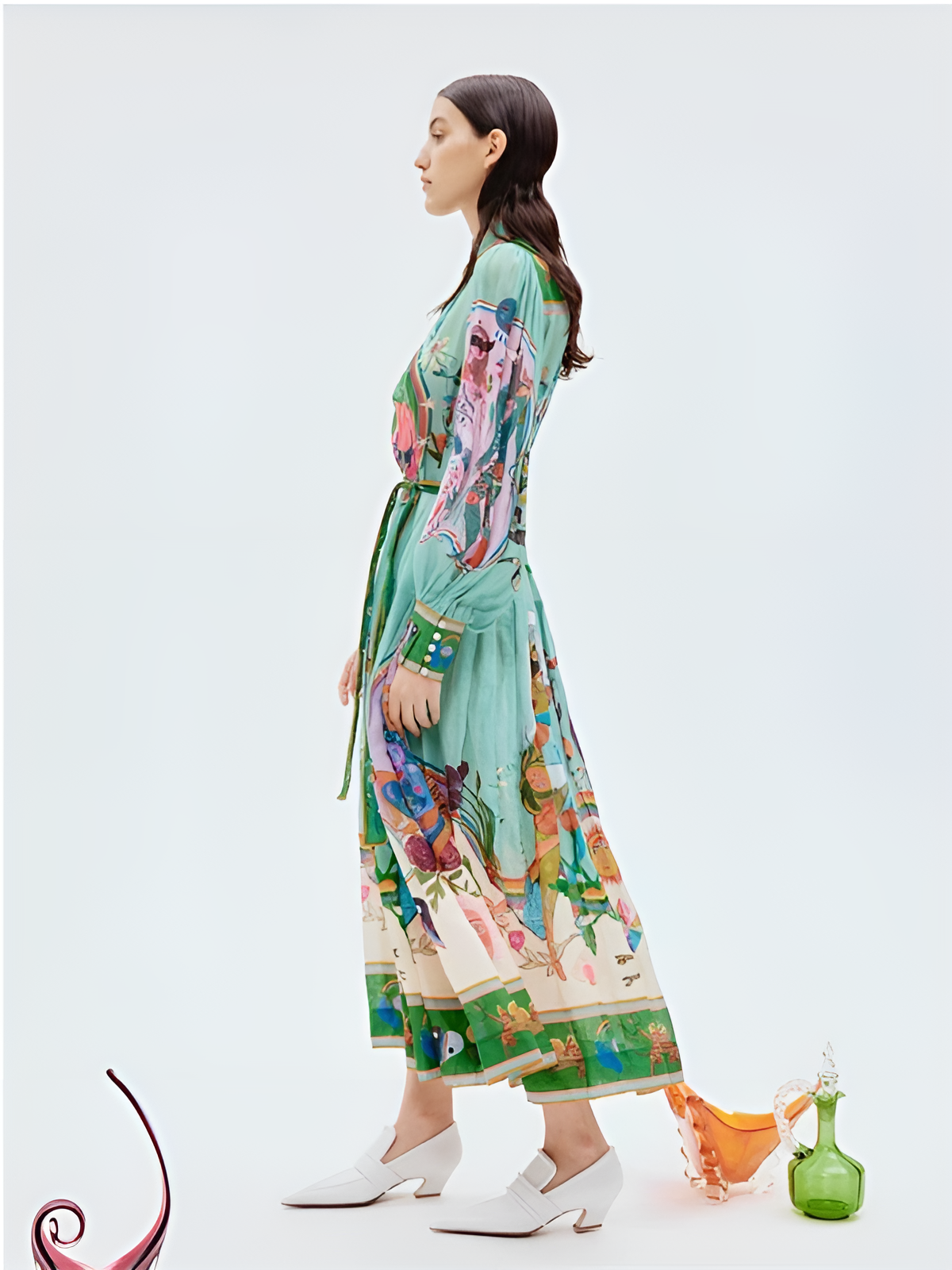 Marisela İllüstratif Desenli Kuşaklı Gömlek Elbise