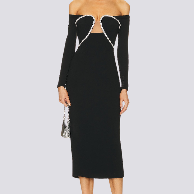 Izara Omuz Açık Taşlı Midi Elbise