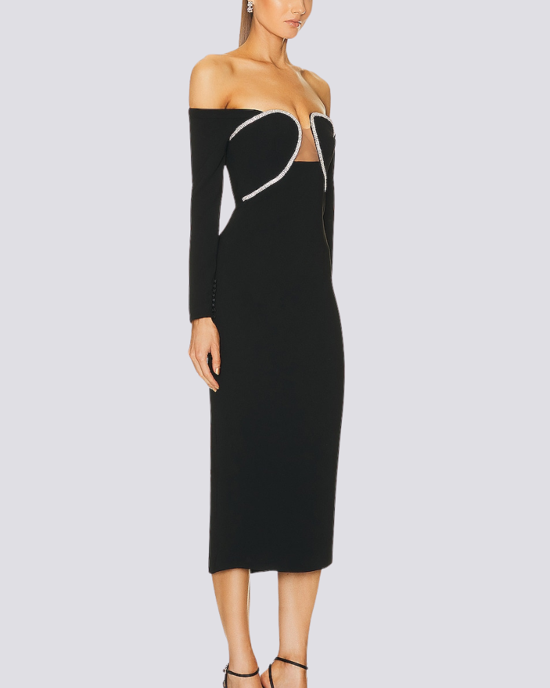 Izara Omuz Açık Taşlı Midi Elbise