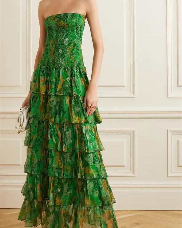 Büzgülü Straplez Katlı Maxi Elbise