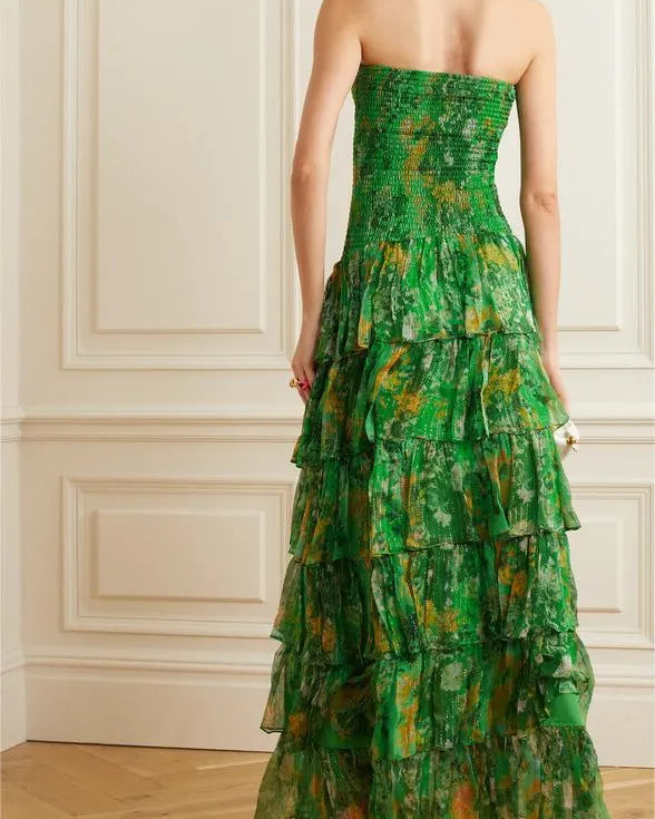 Büzgülü Straplez Katlı Maxi Elbise