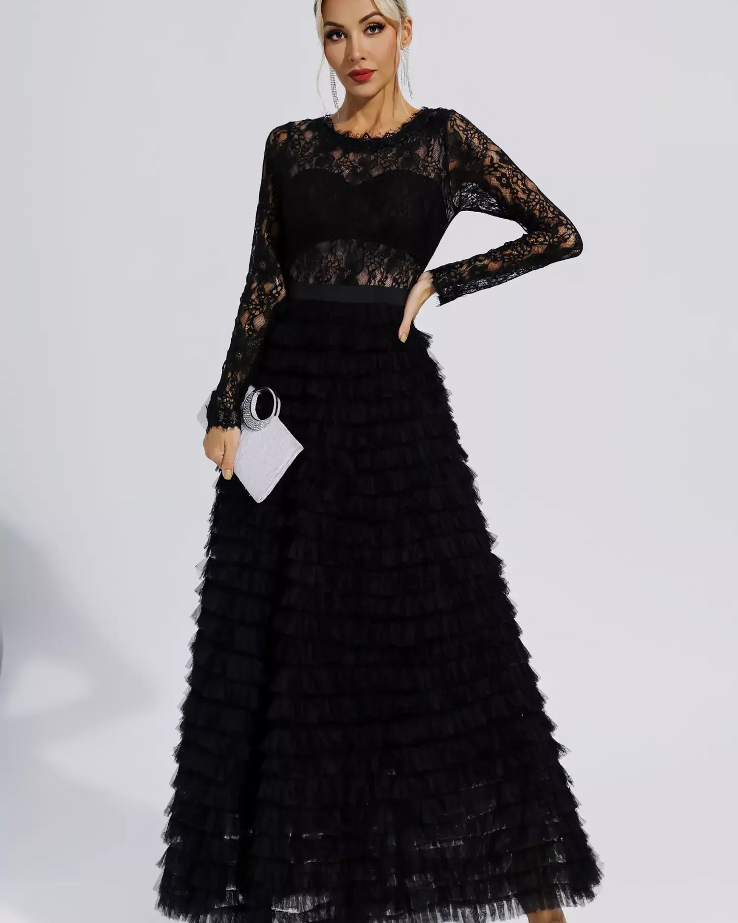 Jayleen Siyah Hollow Dantel A-Line Maxi Elbise