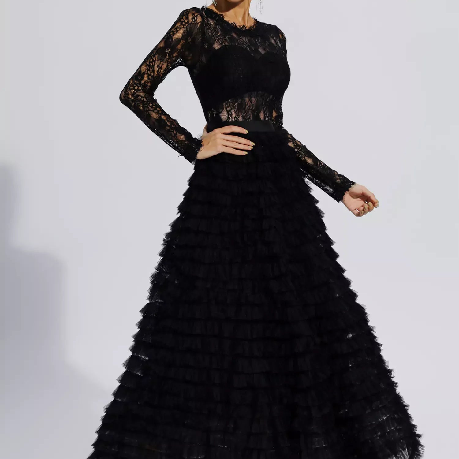 Jayleen Siyah Hollow Dantel A-Line Maxi Elbise