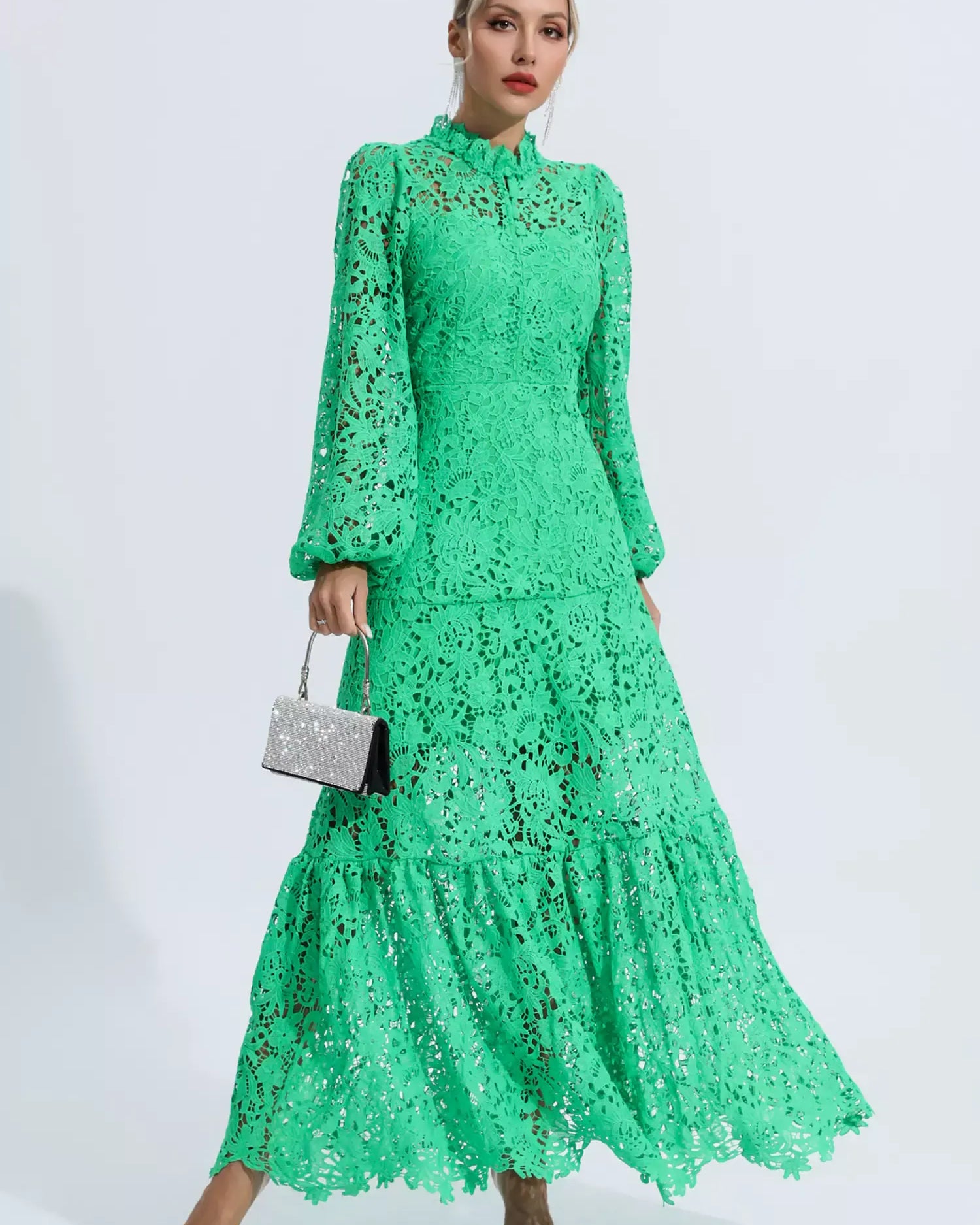 Julieta Yeşil Kesik Uzun Kollu Maxi Elbise