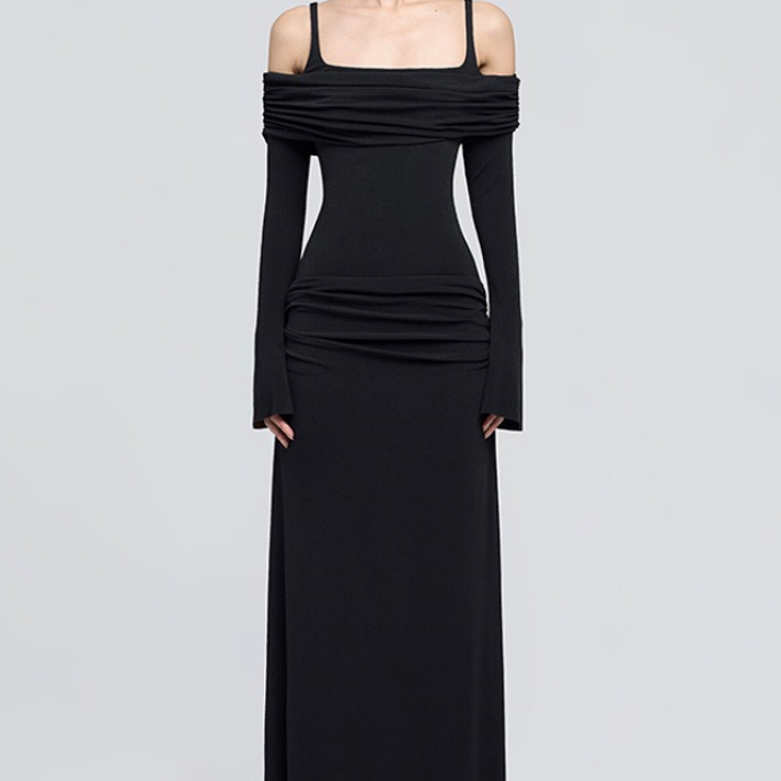 Zoey Drapeli Siyah Uzun Elbise