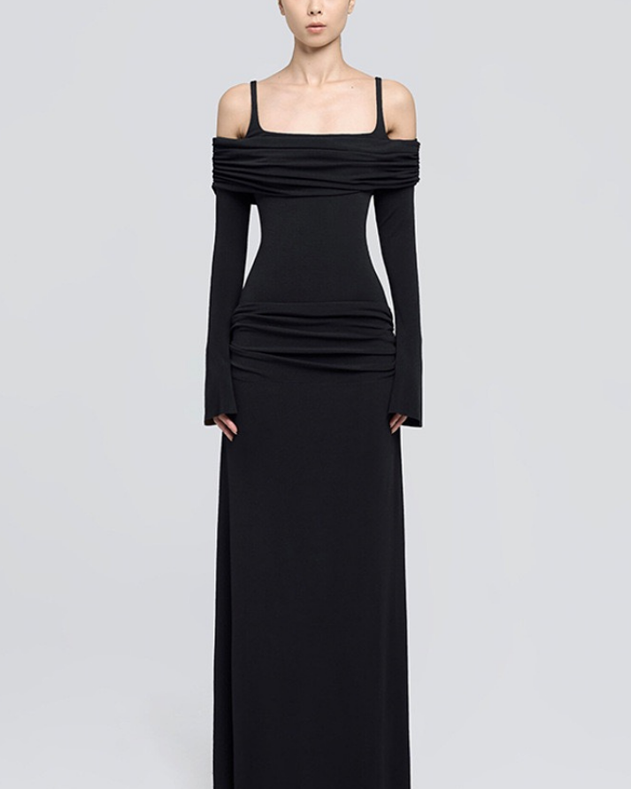 Zoey Drapeli Siyah Uzun Elbise