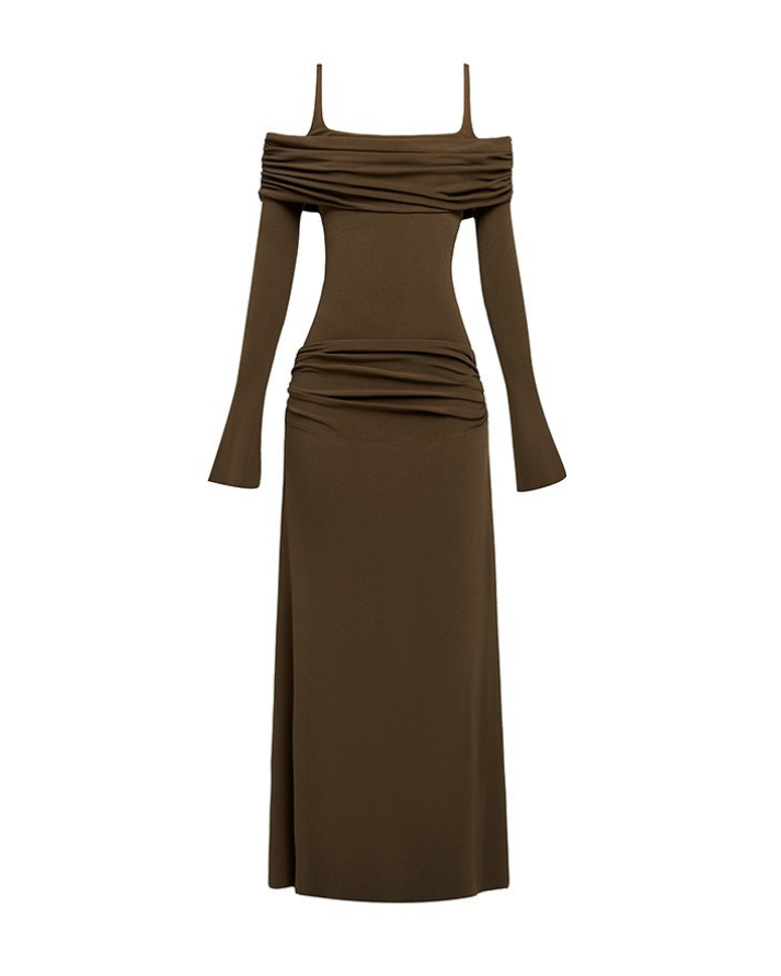 Zoey Drapeli Kahverengi Uzun Elbise