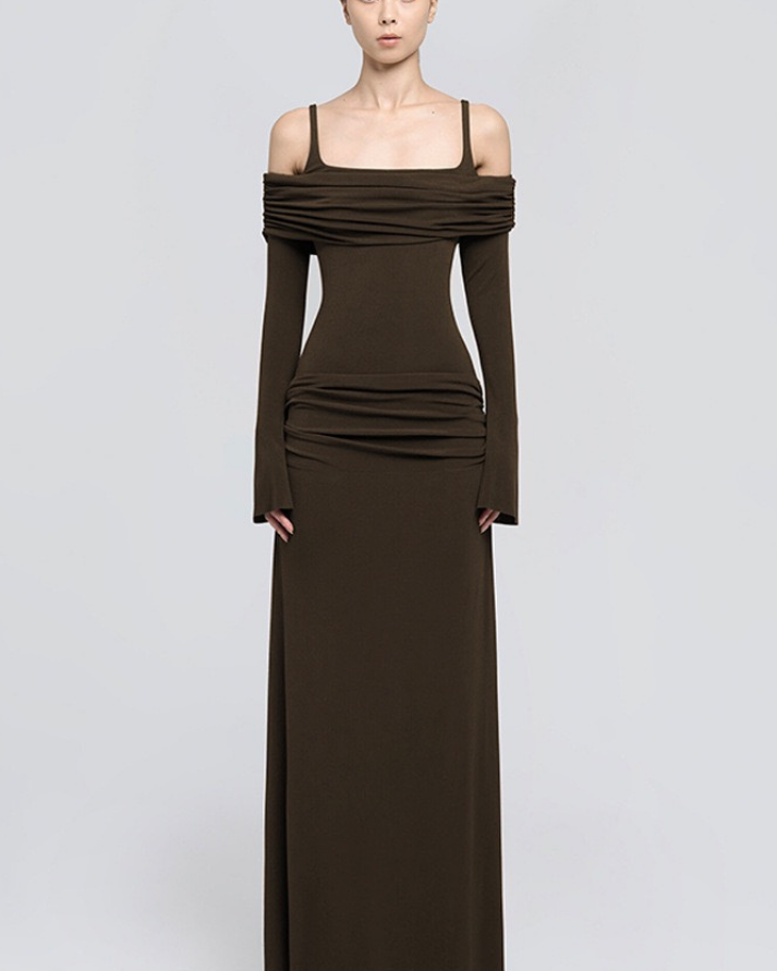 Zoey Drapeli Kahverengi Uzun Elbise