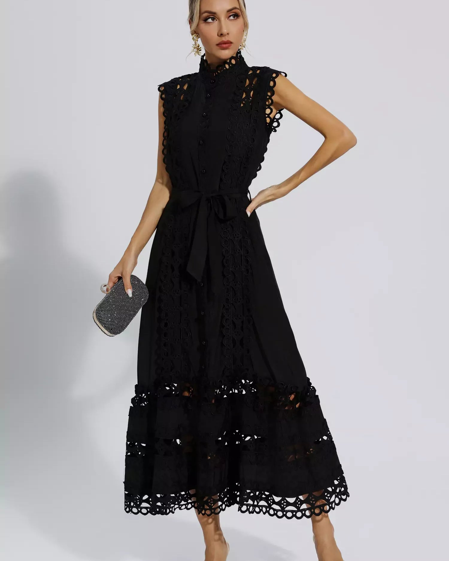 Kennedi Siyah Kolsuz Hollow Maxi Elbise