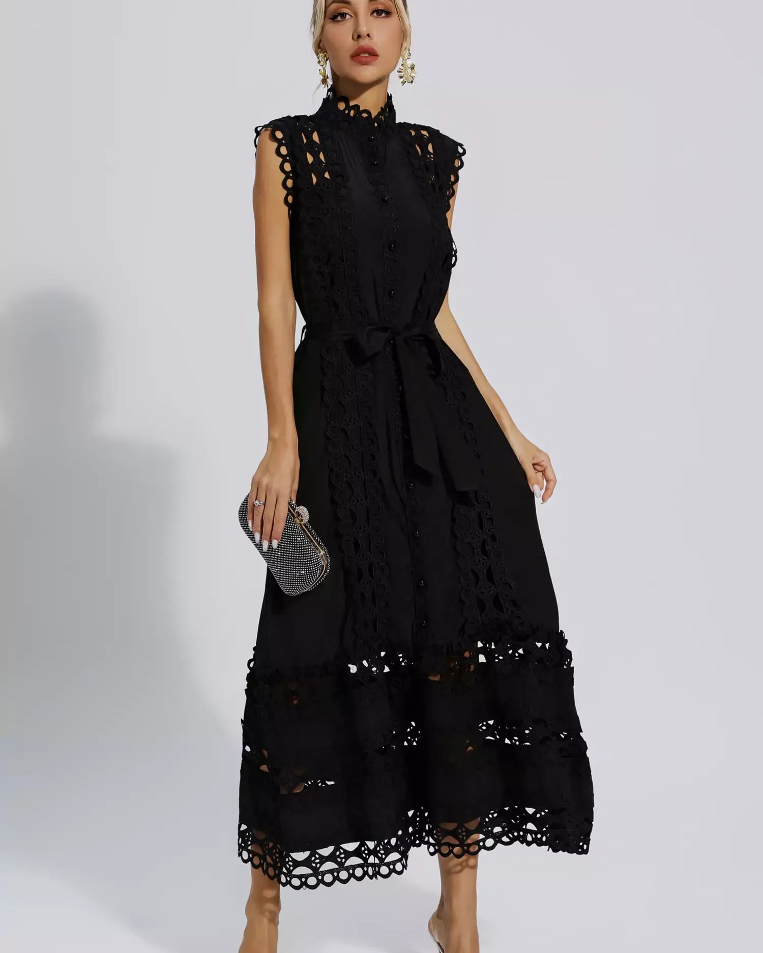 Kennedi Siyah Kolsuz Hollow Maxi Elbise