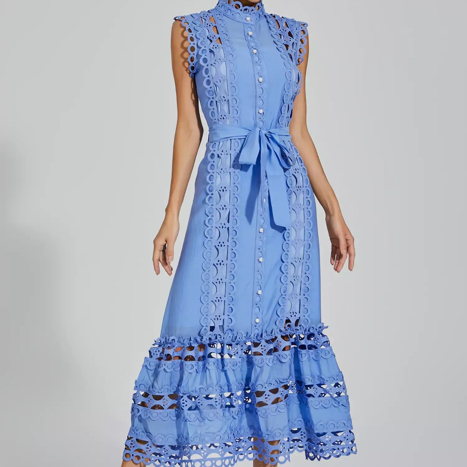 Kennedi Mavi Kolsuz Hollow Maxi Elbise