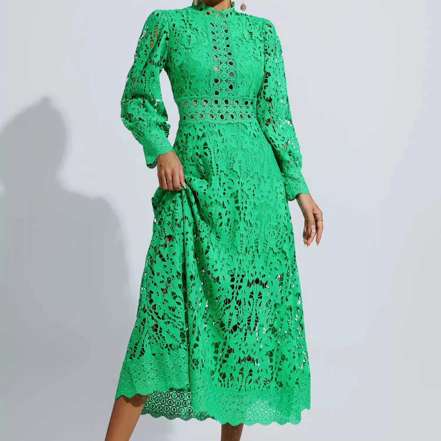 Kenzie Yeşil Dantelli Uzun Elbise