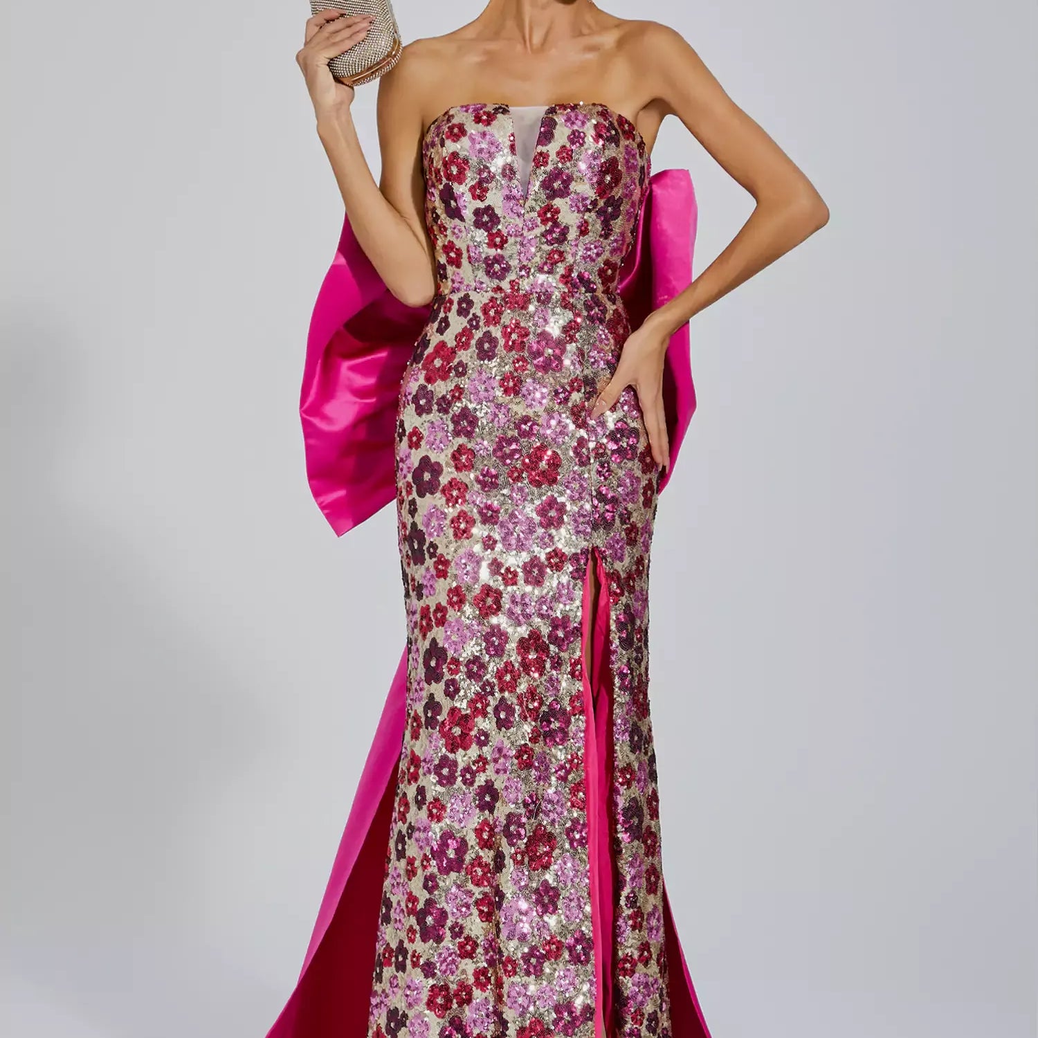 Kiera Pembe Çiçek Payet Uzun Elbise