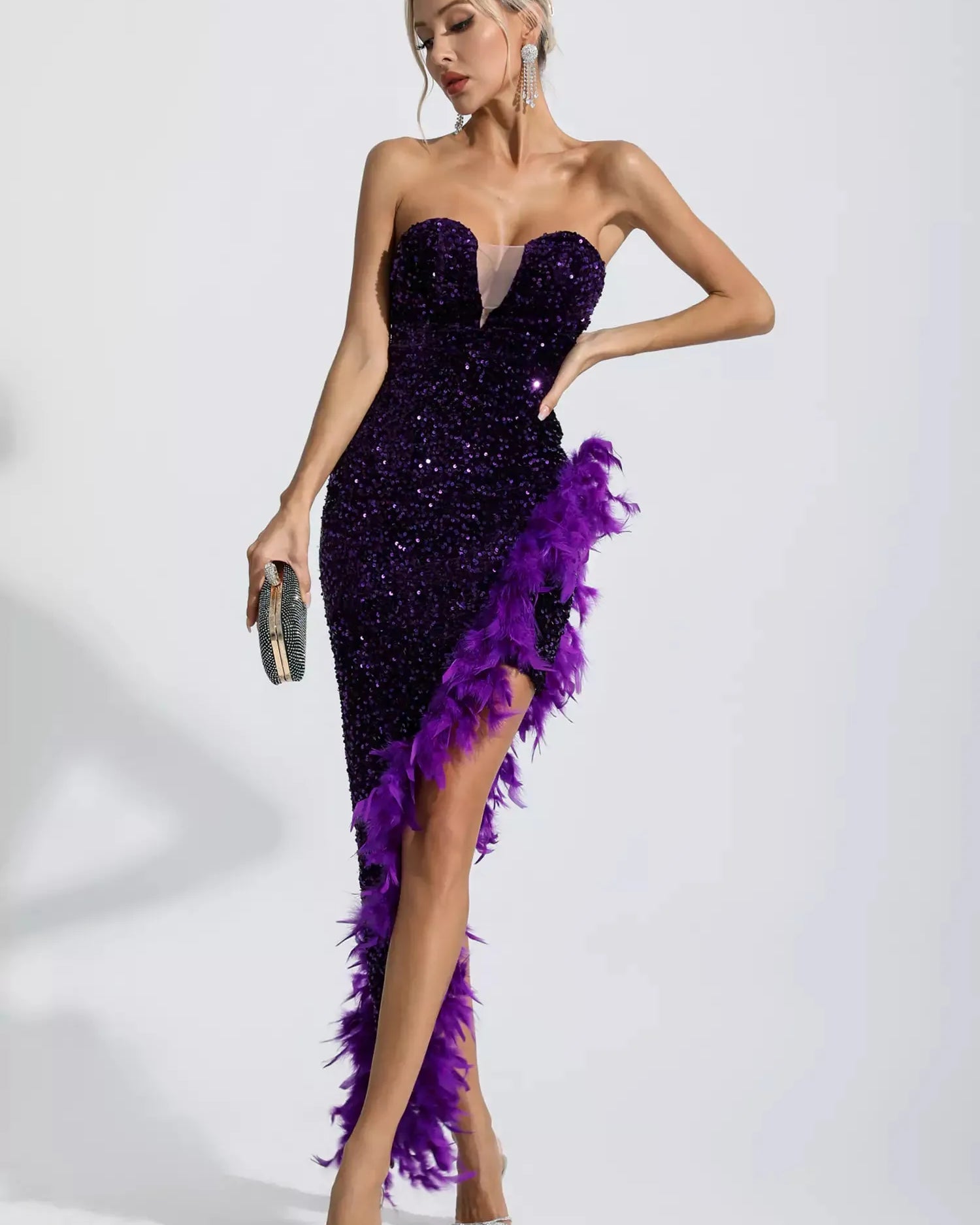 Kira Mor Payet Tüylü Maxi Elbise