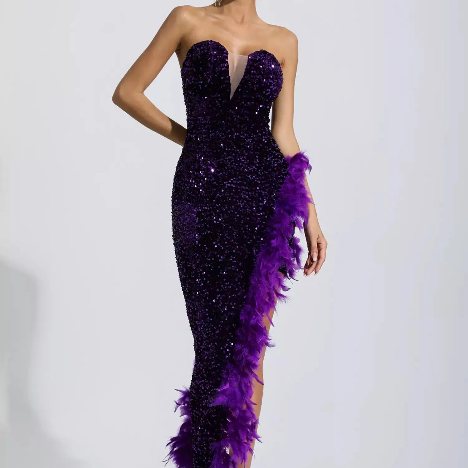 Kira Mor Payet Tüylü Maxi Elbise