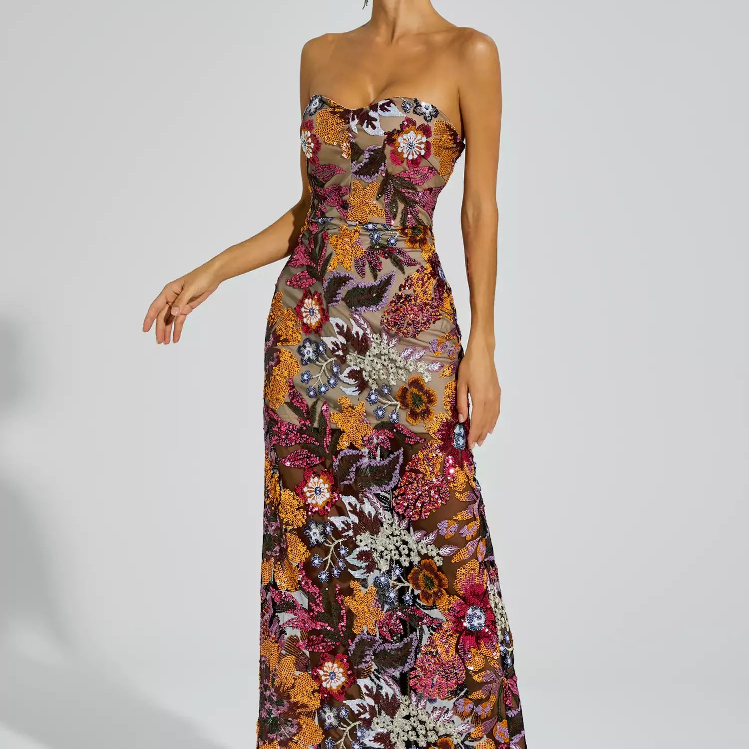 Leanna Kırmızı Çiçek İşlemeli Uzun Elbise