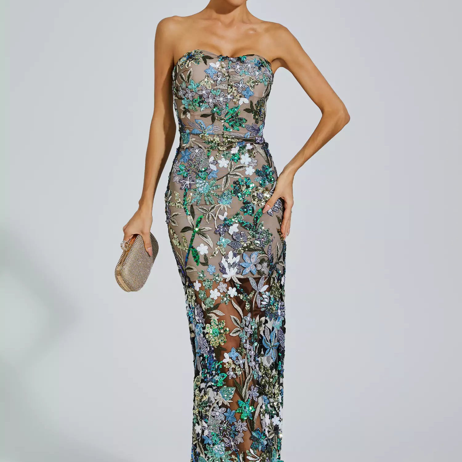 Leanna Yeşil Çiçek İşlemeli Uzun Elbise