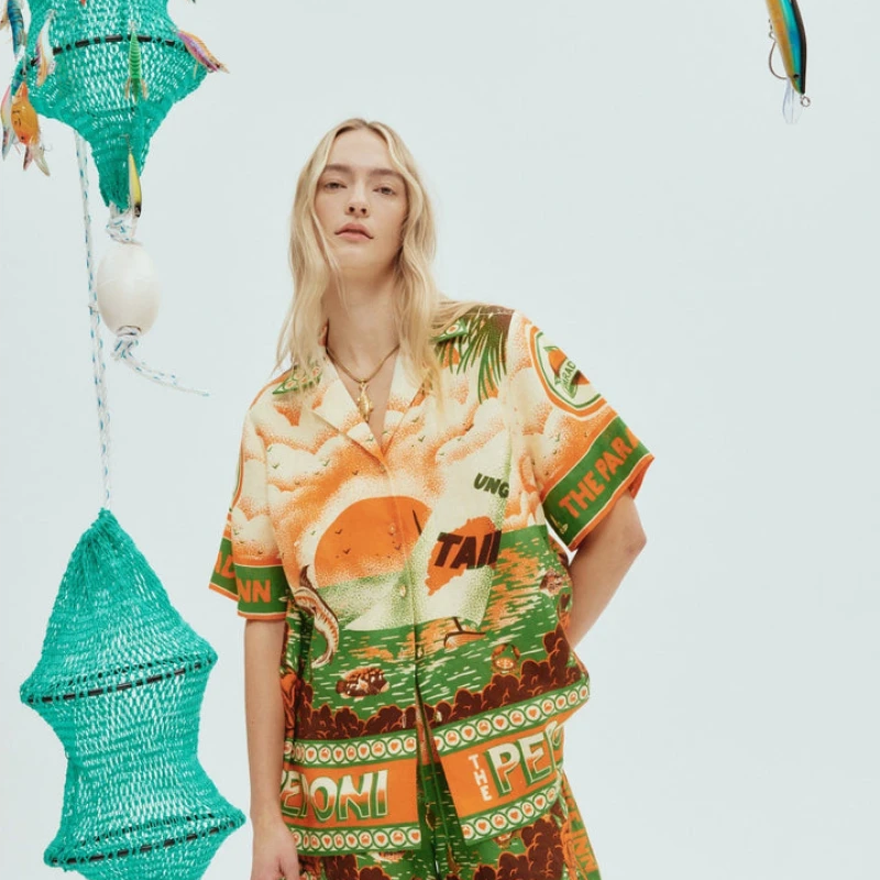 Léocadie Kısa Kollu Gün Batımı Baskılı Şort Takımı