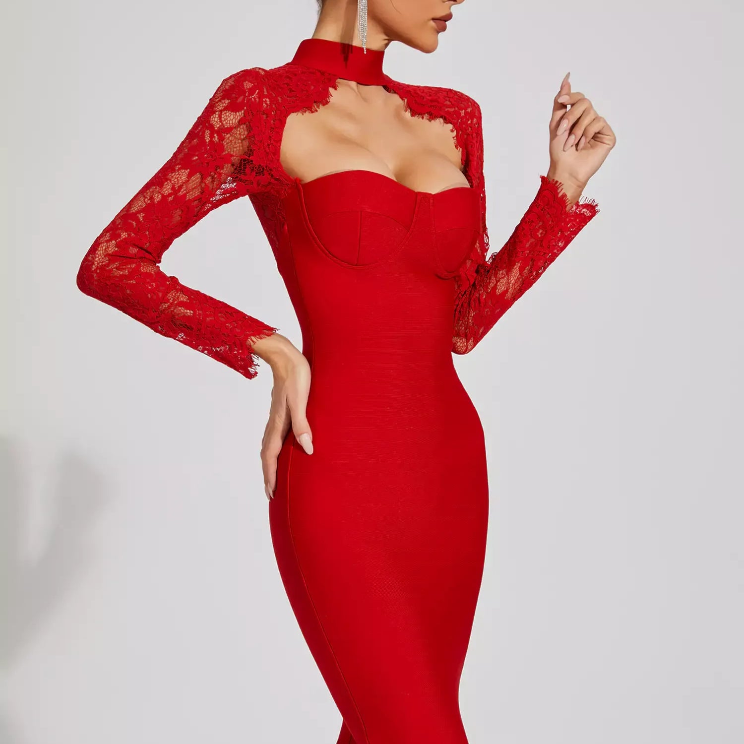Liv Kırmızı Kolları Dantelli Bandaj Midi Elbise