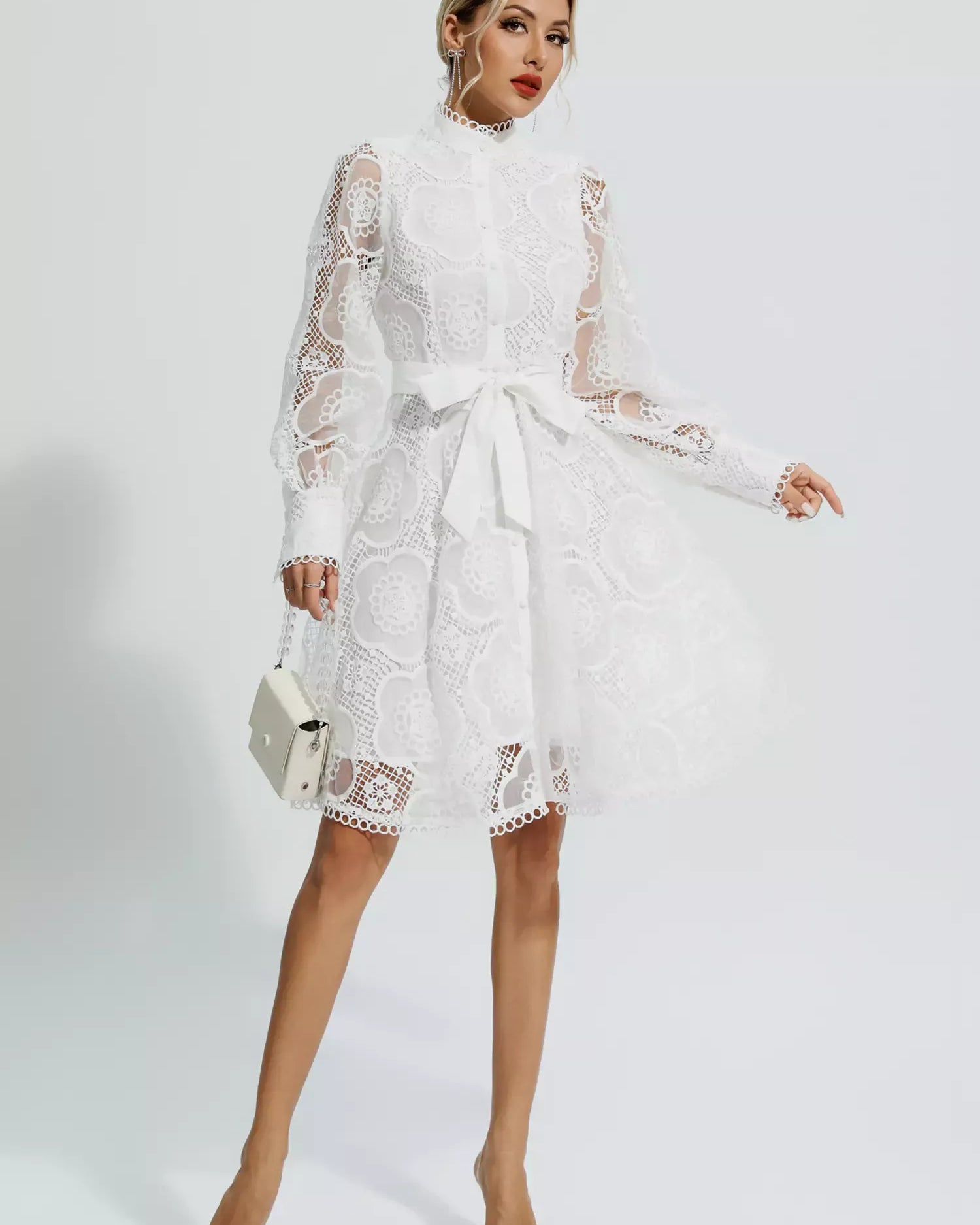 Lorelei Beyaz Dantel Jakarlı Mini Elbise