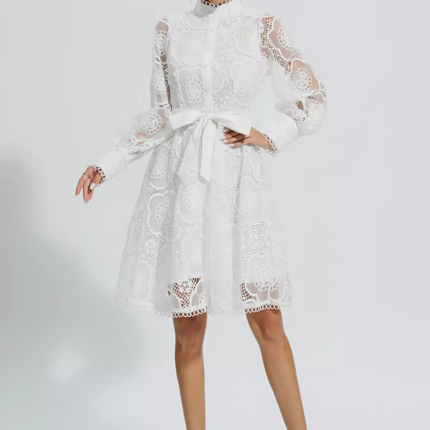 Lorelei Beyaz Dantel Jakarlı Mini Elbise