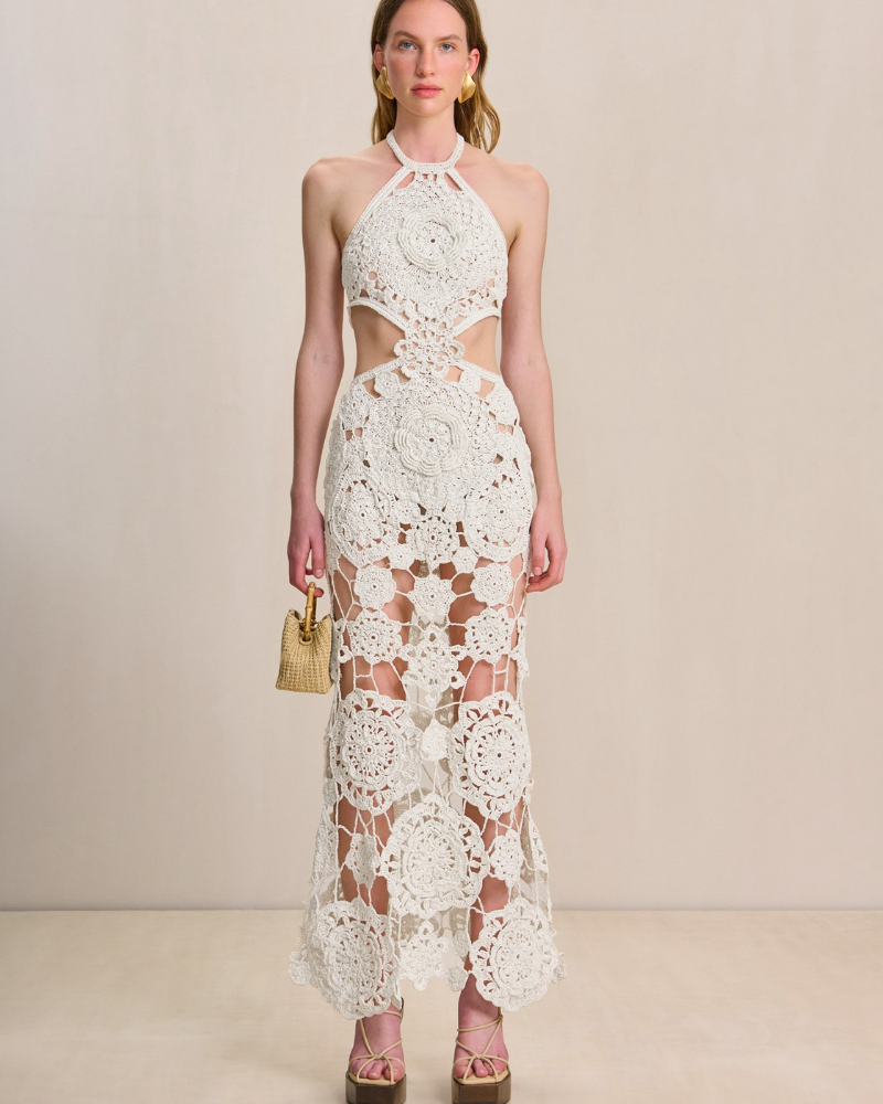 Lucille Halter Yaka Pamuklu Kesik Uzun Elbise