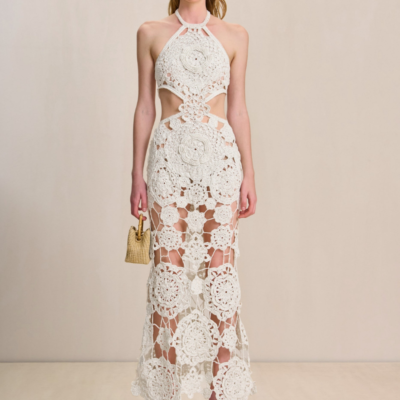 Lucille Halter Yaka Pamuklu Kesik Uzun Elbise