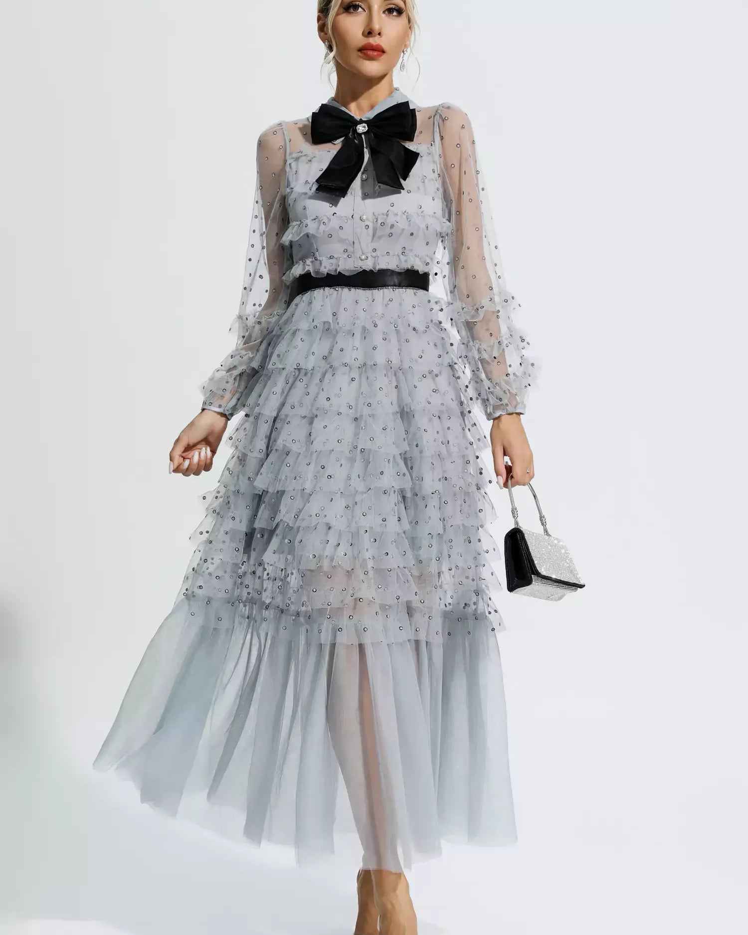 Maddison Gri Puantiyeli Uzun Elbise
