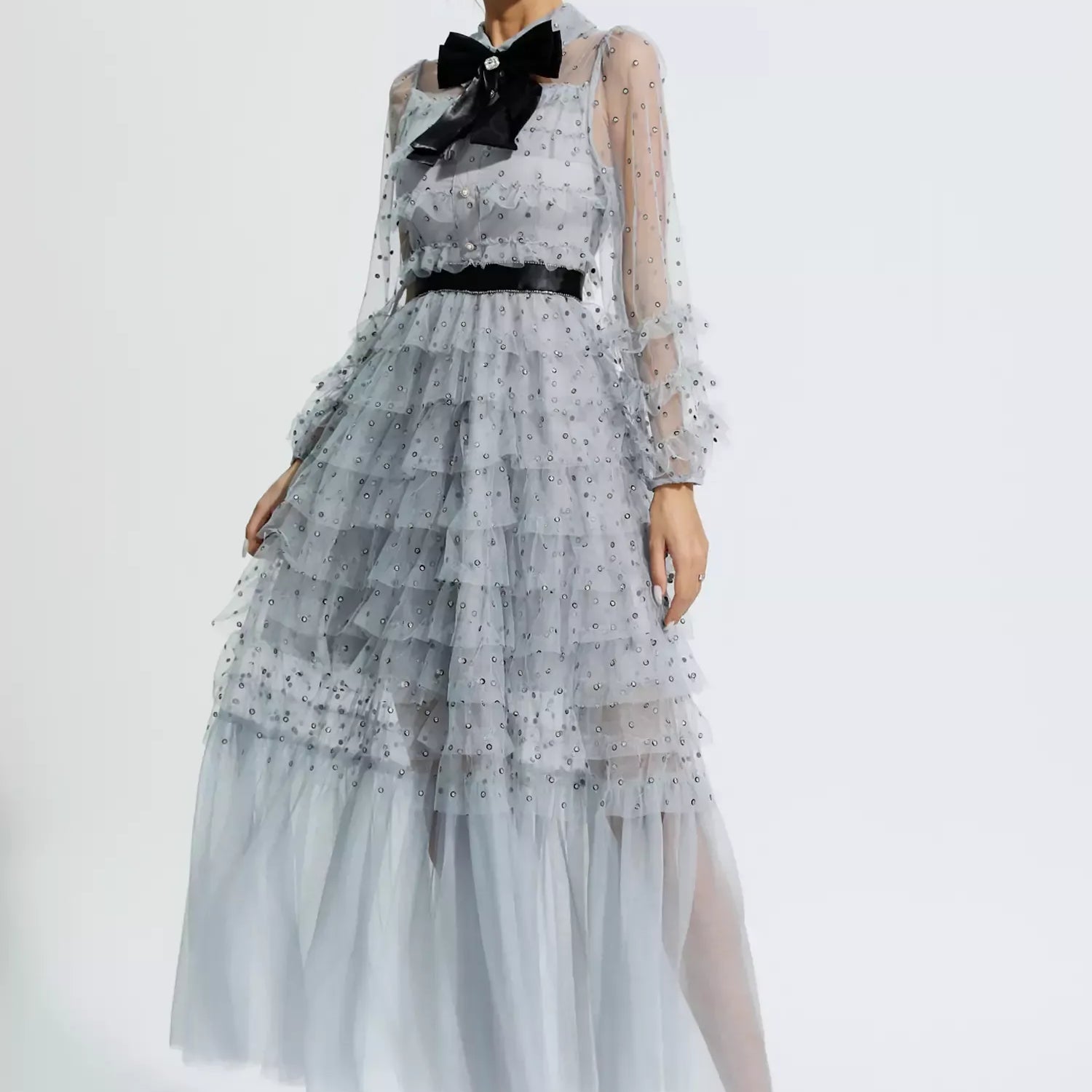 Maddison Gri Puantiyeli Uzun Elbise