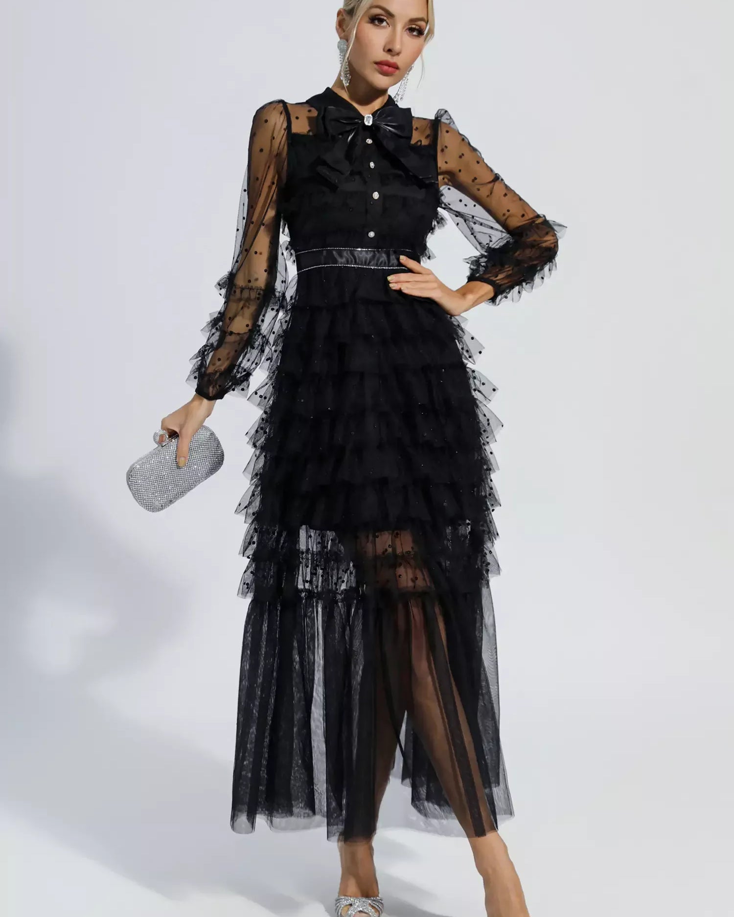 Maddison Siyah Puantiyeli Uzun Elbise