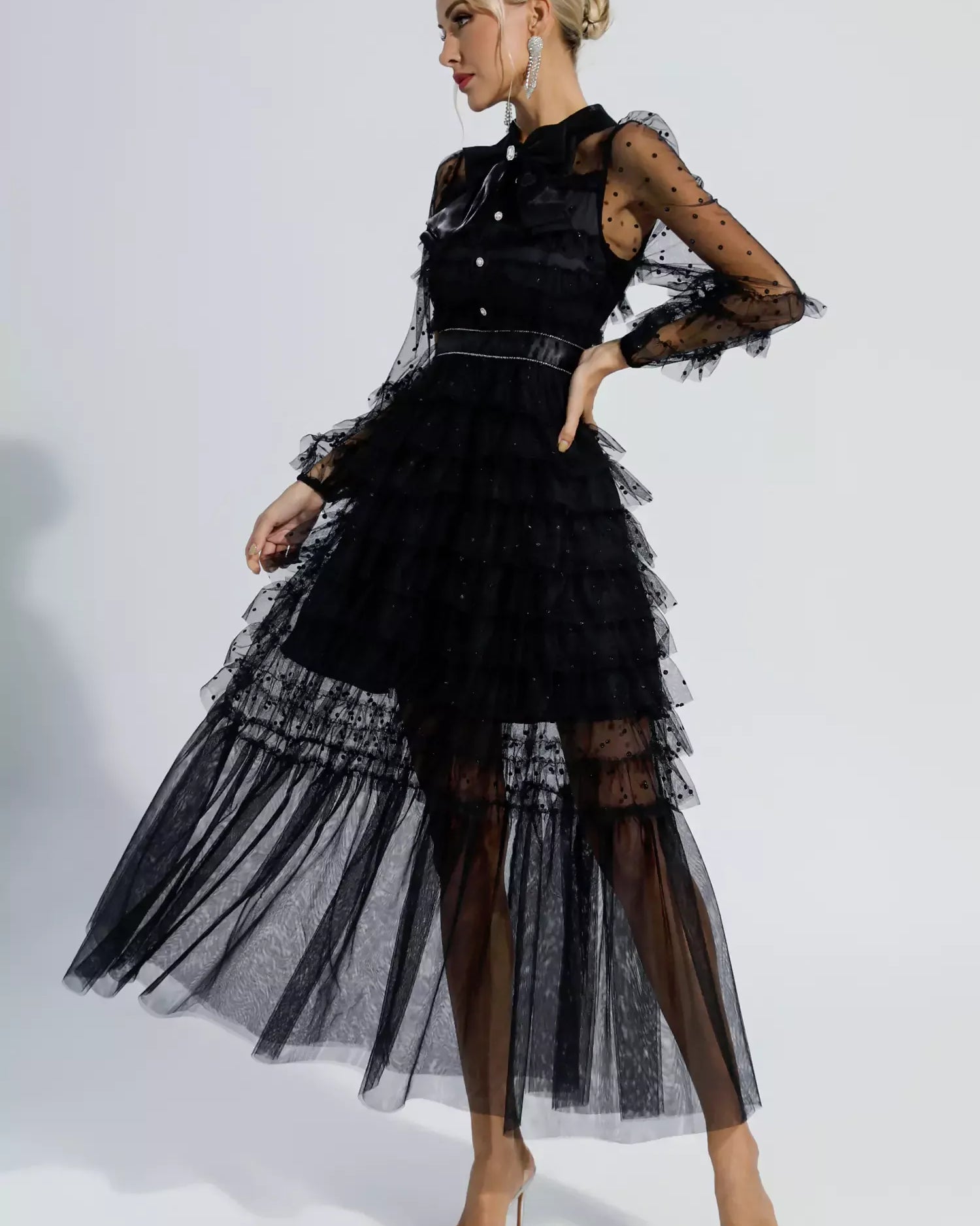 Maddison Gri Puantiyeli Uzun Elbise