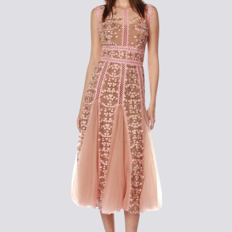 Bej Maëlle Yuvarlak Yaka File İşlemeli Midi Elbise