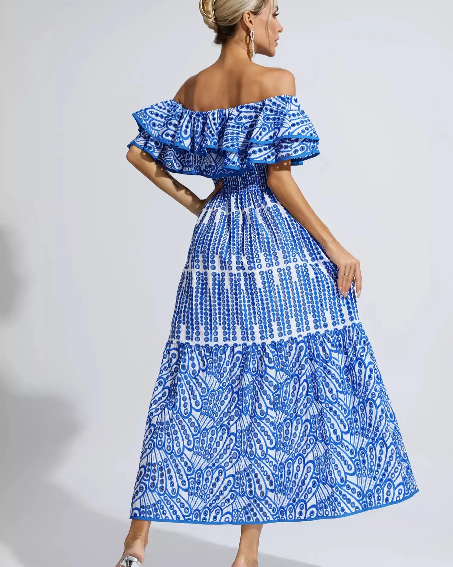 Malani Mavi Kesikli Fırfırlı Maxi Elbise