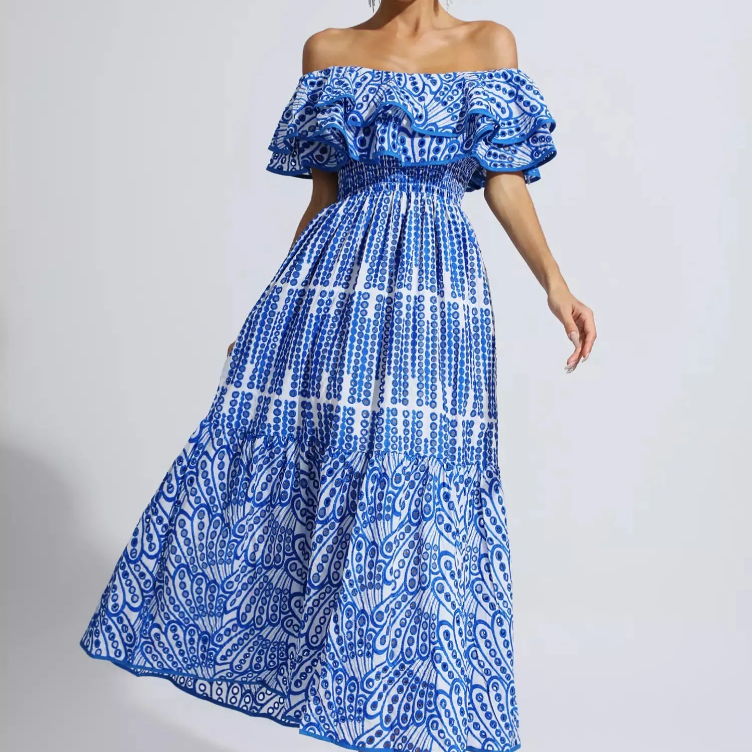 Malani Mavi Kesikli Fırfırlı Maxi Elbise