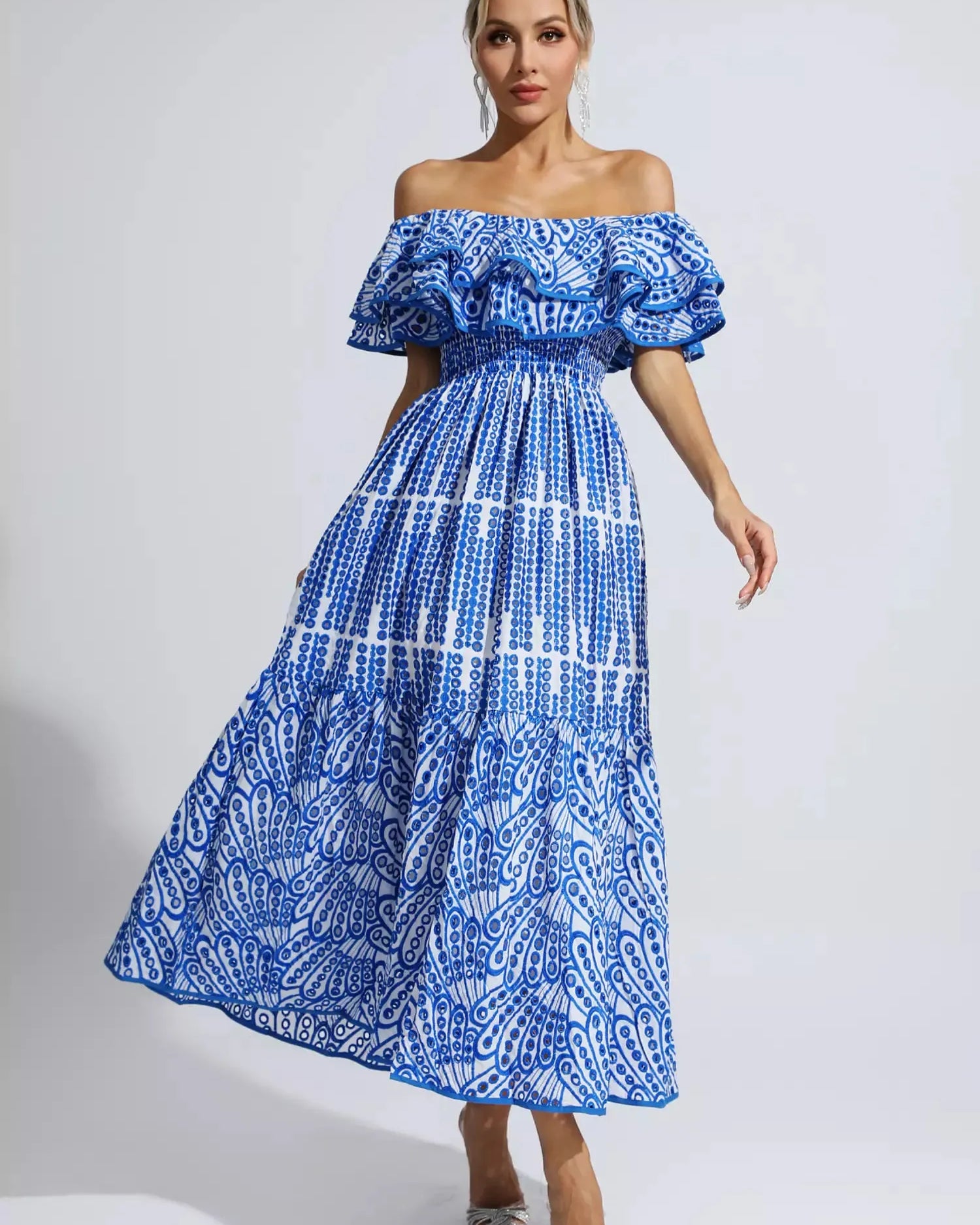 Malani Mavi Kesikli Fırfırlı Maxi Elbise