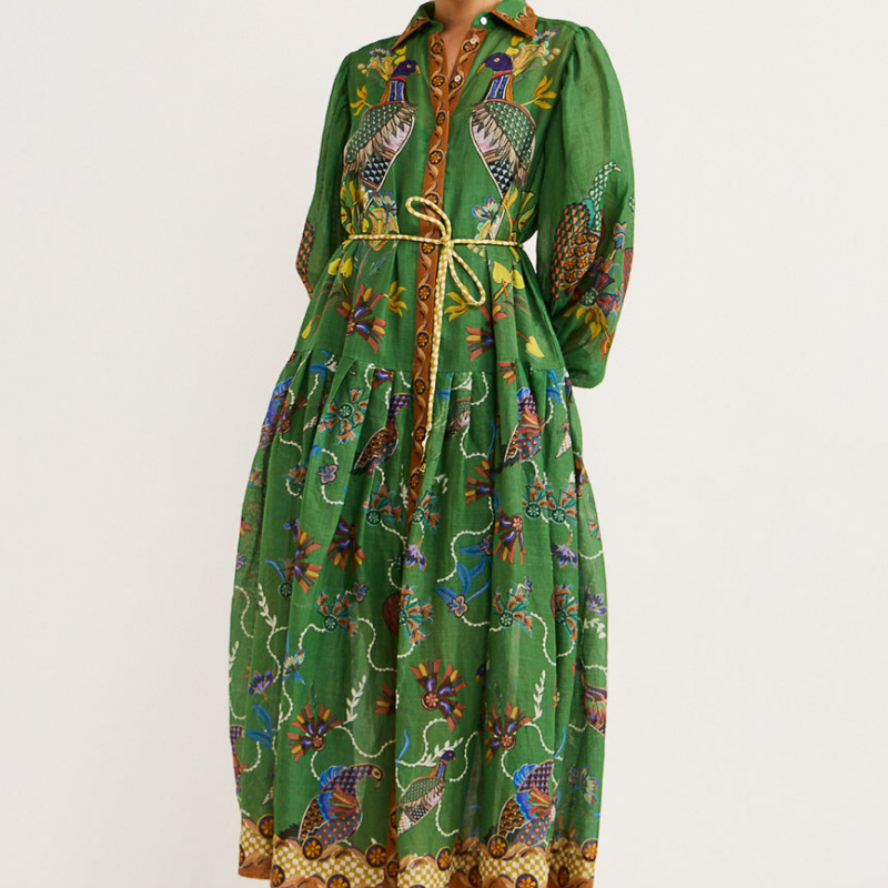 Marcella Balon Kol Hayvan Desenli Uzun Elbise