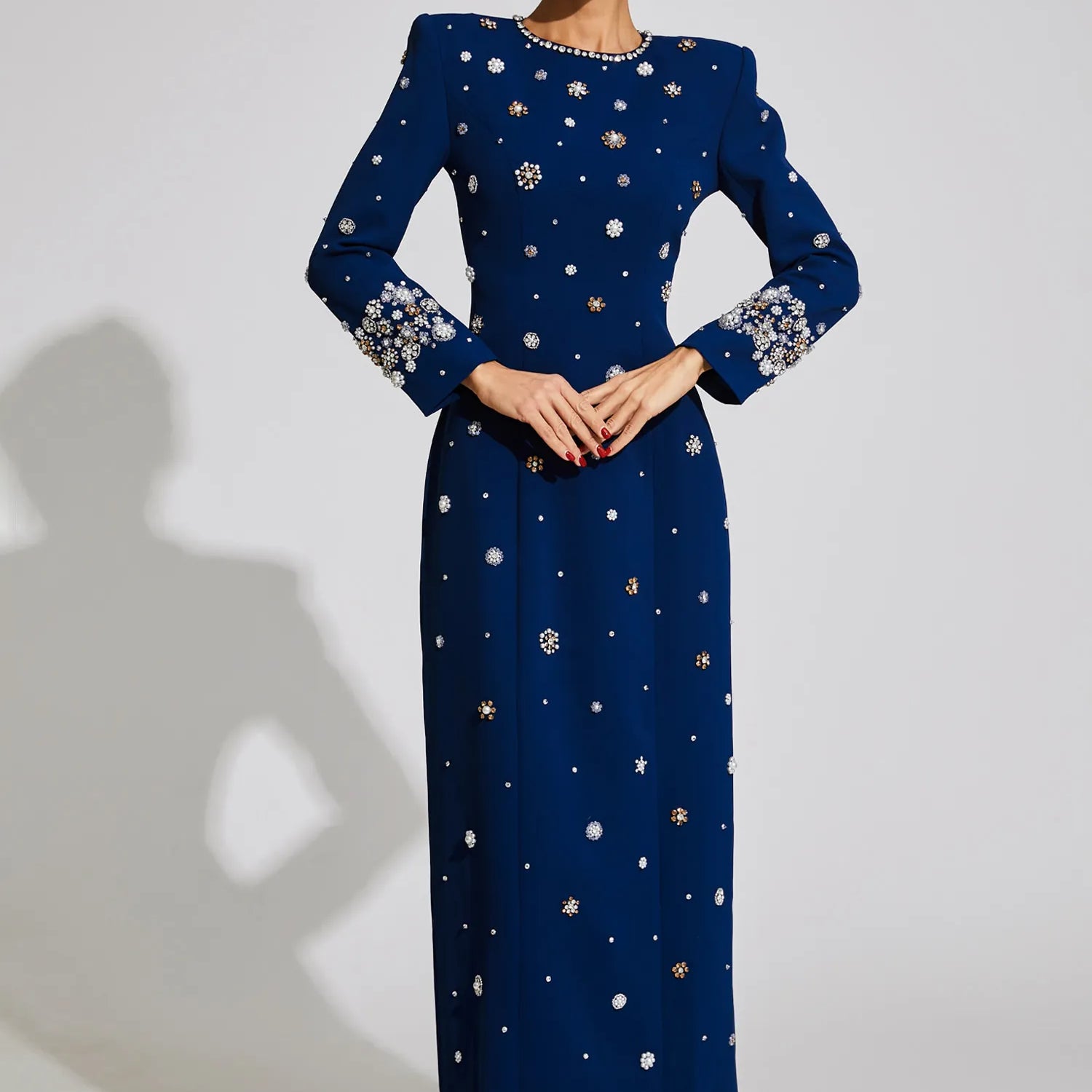 Idalia Mavi Pırlanta Uzun Kollu Uzun Elbise