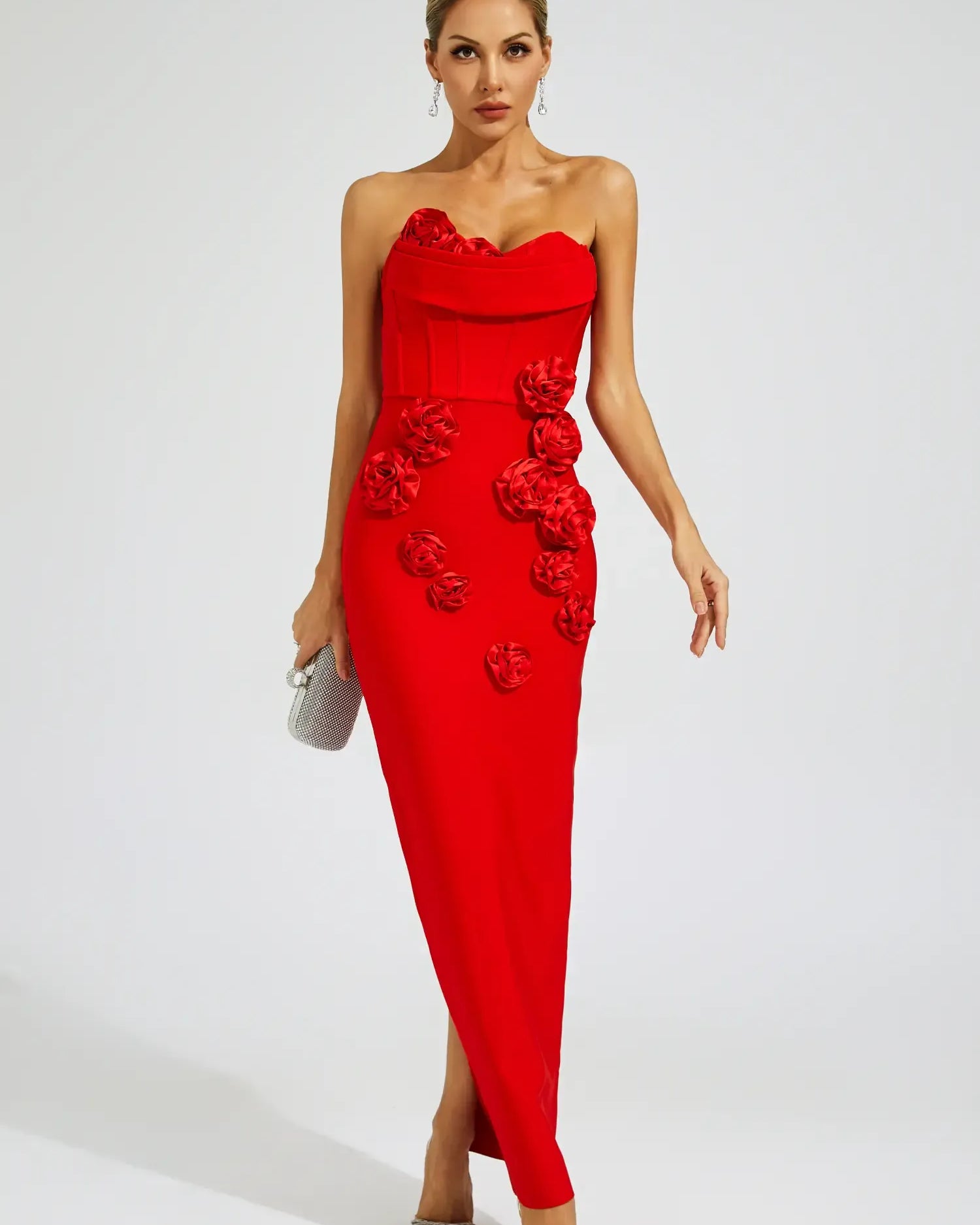 Kassidy Kırmızı Gül Düşük Omuz Uzun Elbise
