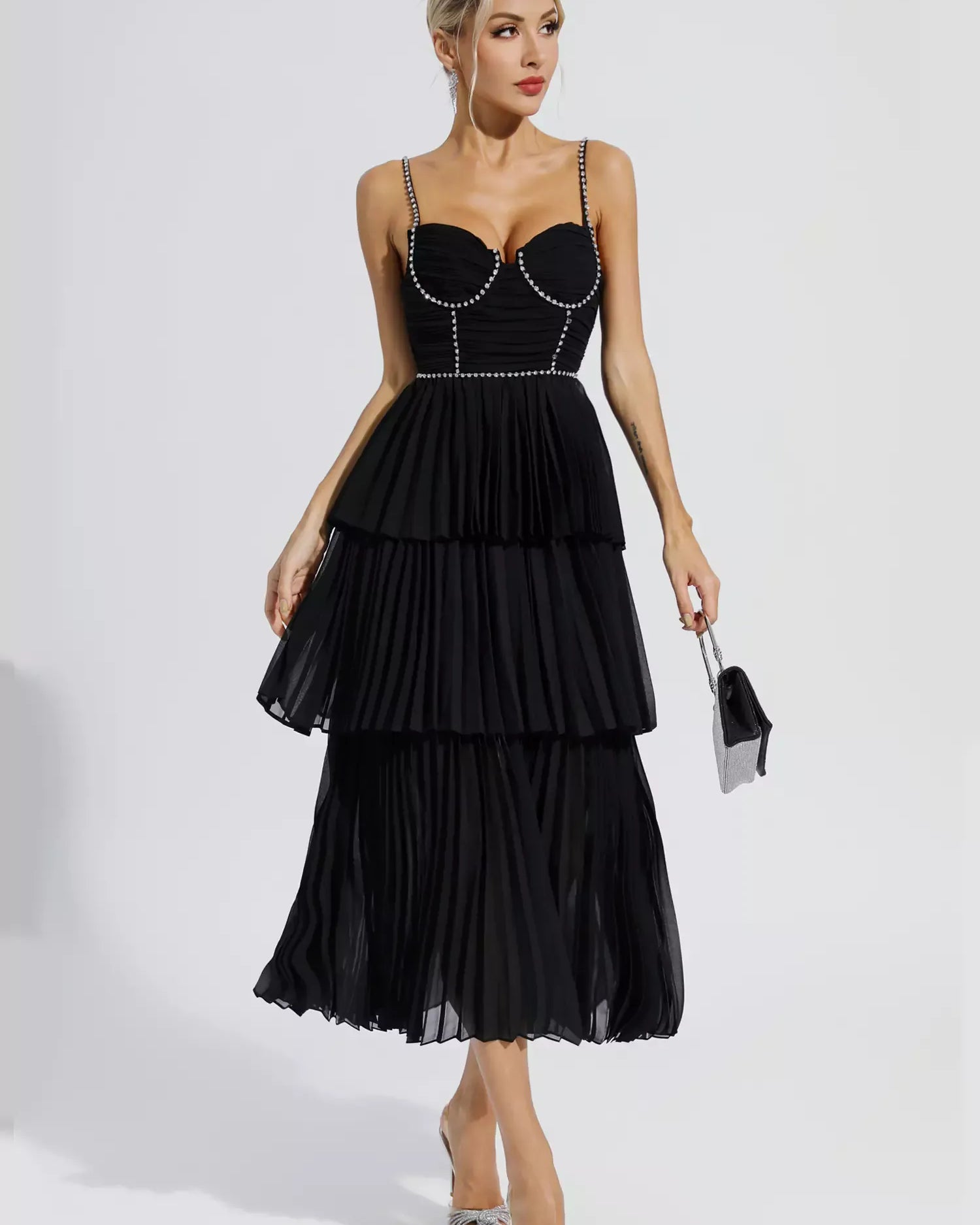 Meredith Siyah Pırlanta Dantelli Uzun Elbise