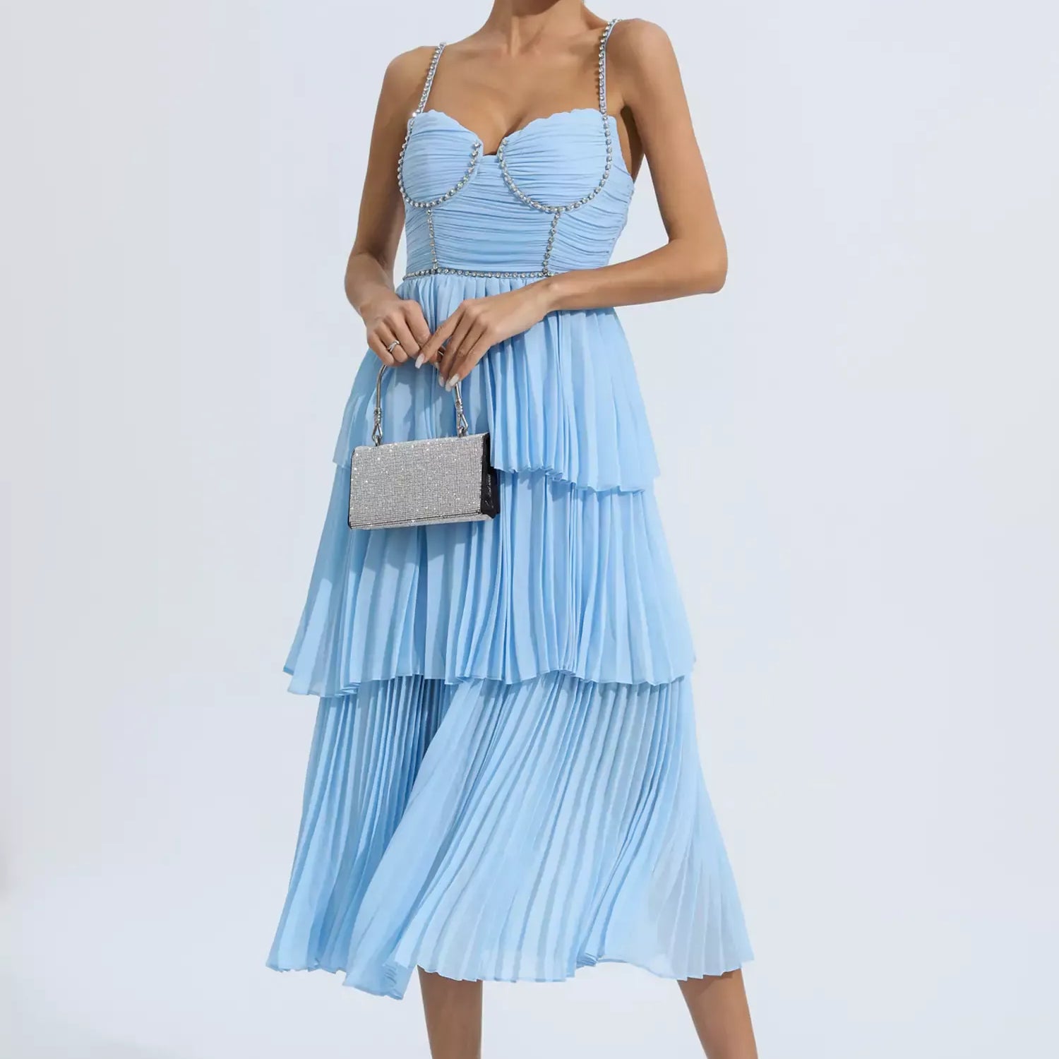 Meredith Mavi Pırlanta Dantelli Midi Elbise