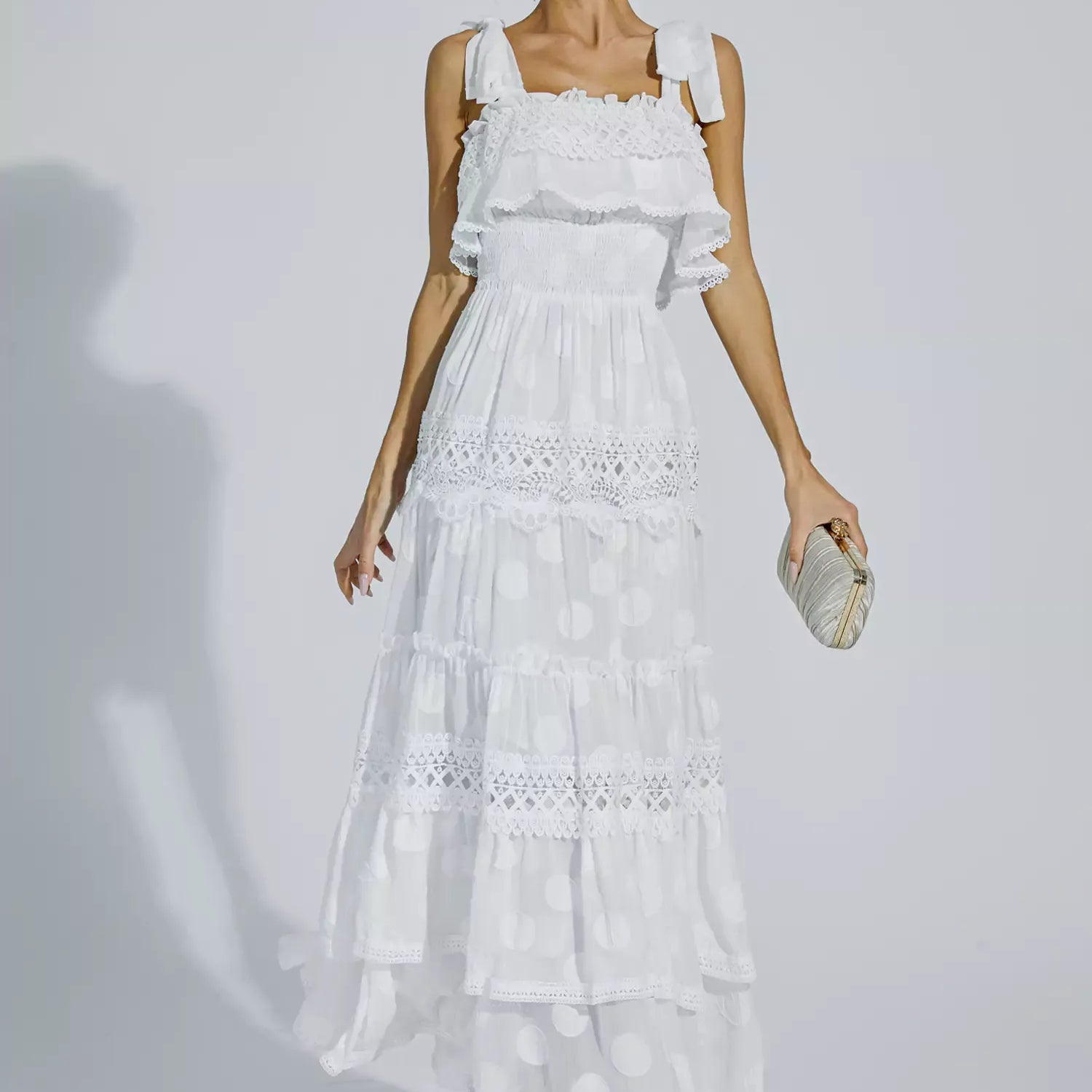 Milena Beyaz Kesik Dantelli Maxi Elbise