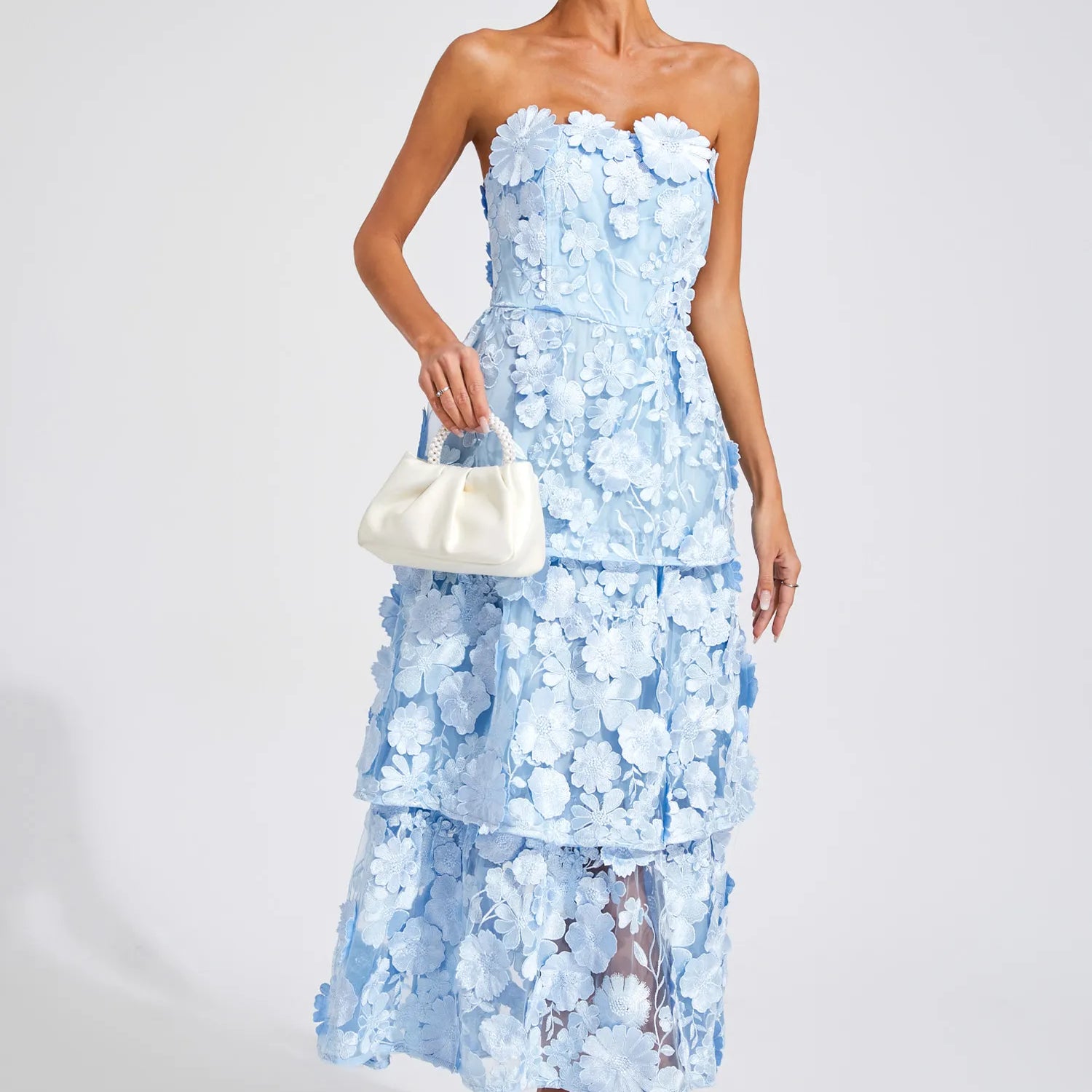 Estella Mavi Çiçek Düşük Omuz Uzun Elbise