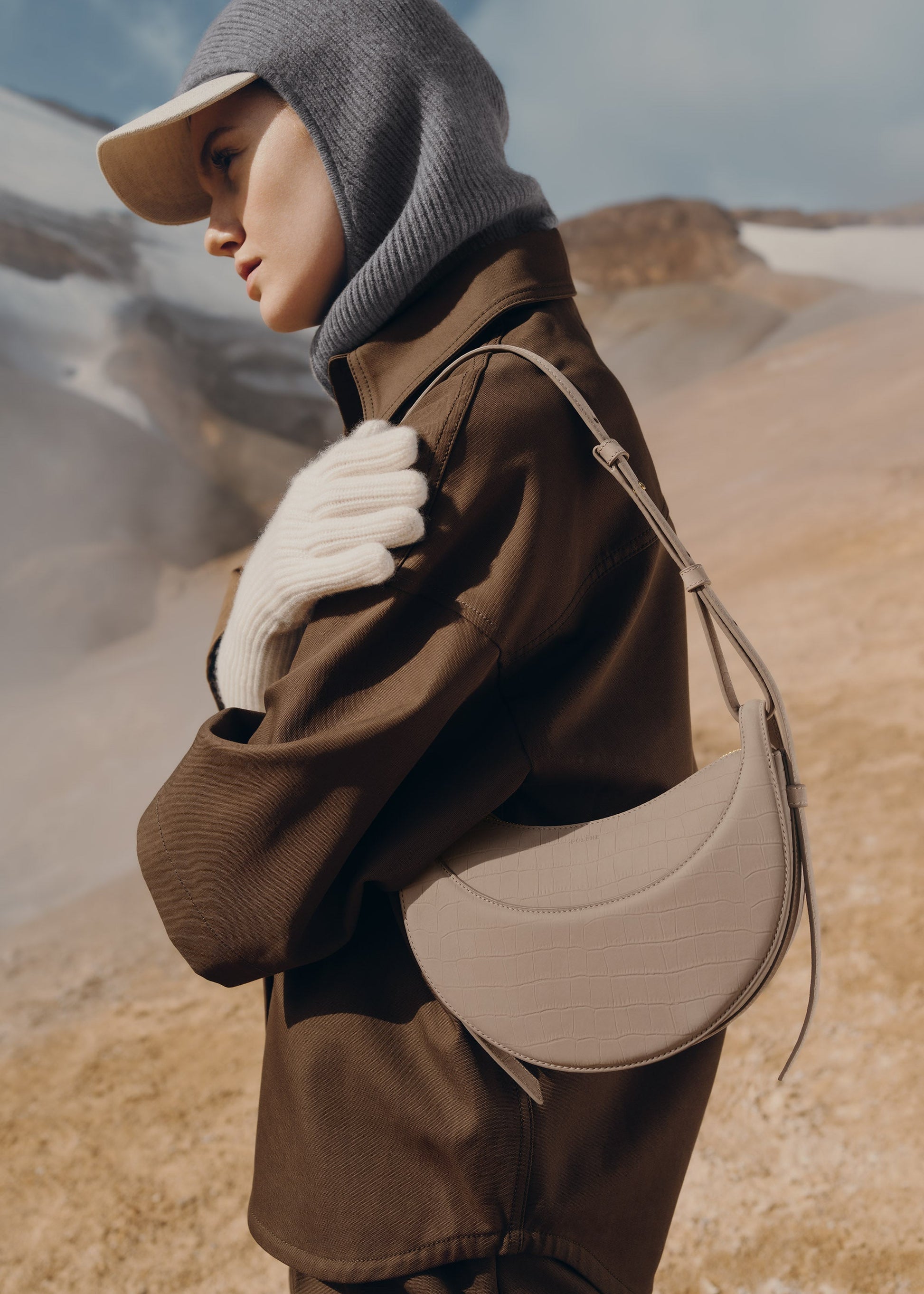 Avelin Omuz Çantası - Timsah derisi kum beji