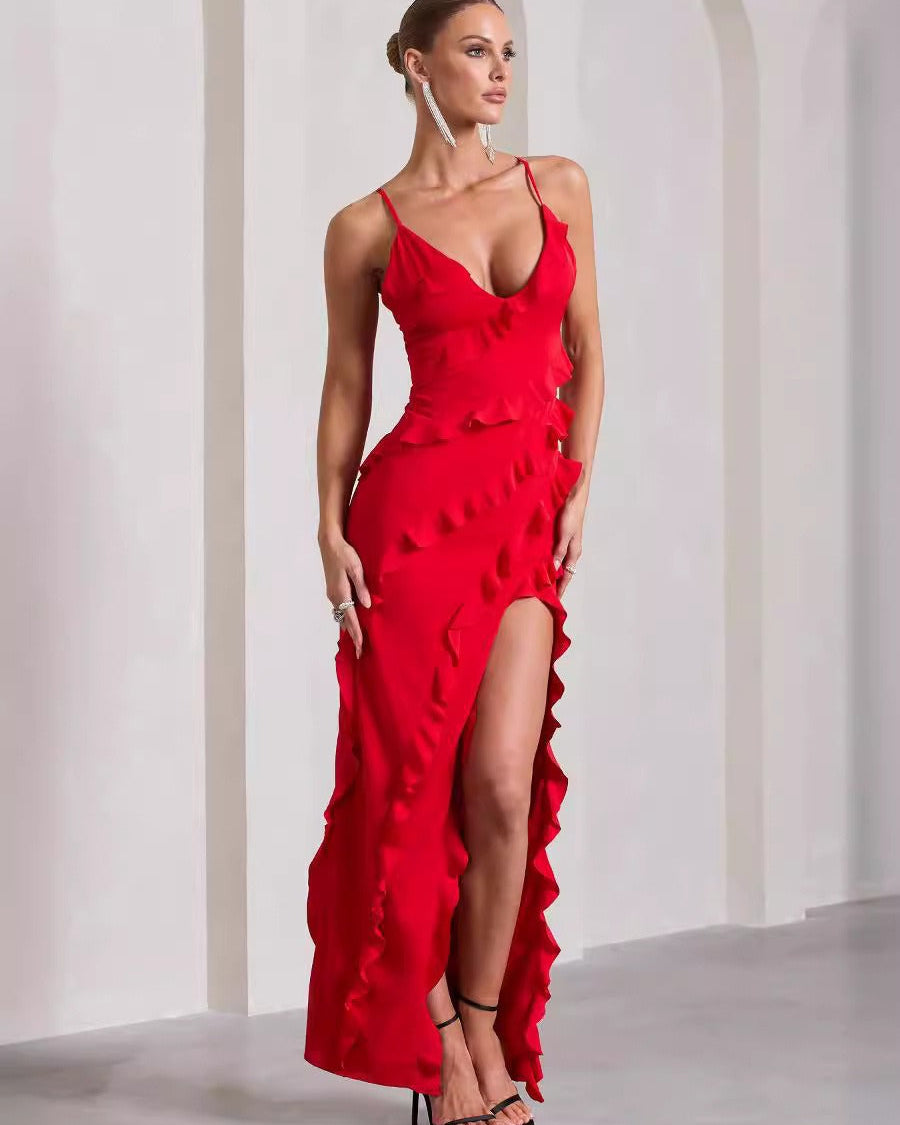 Naadia Fırfırlı Uzun Elbise