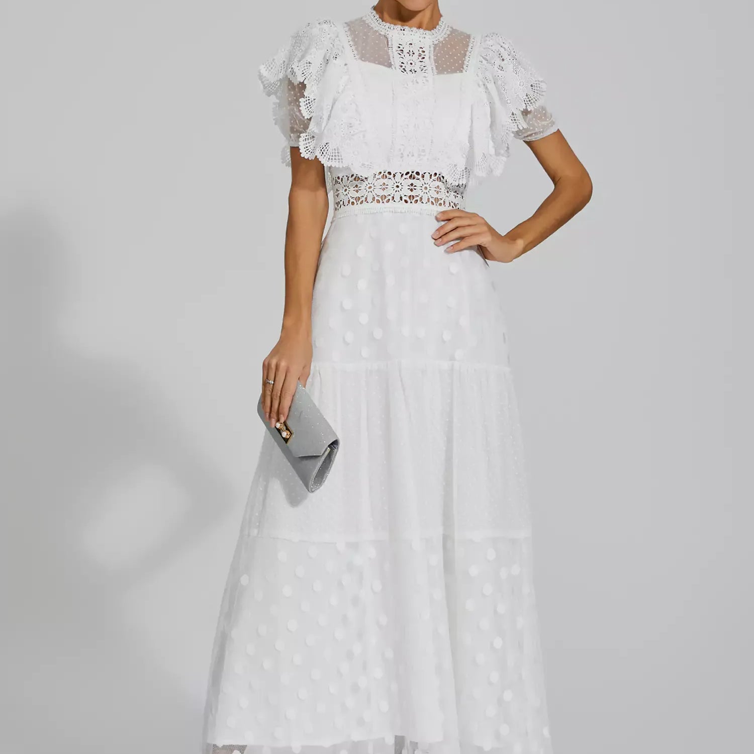 Noor Beyaz Puantiyeli Uzun Elbise