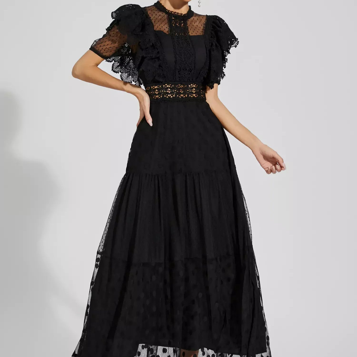 Noor Siyah Puantiyeli Uzun Elbise