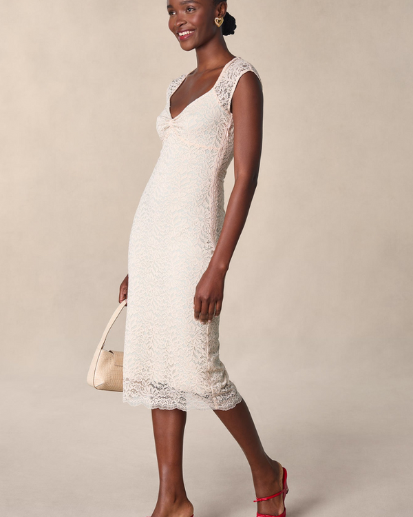 Nora Çiçekli Dantel Fiyonk Midi Elbise