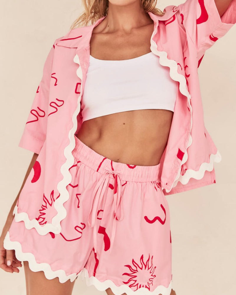 Kısa Kollu Baskılı Tatil Günlük İki Parçalı Set