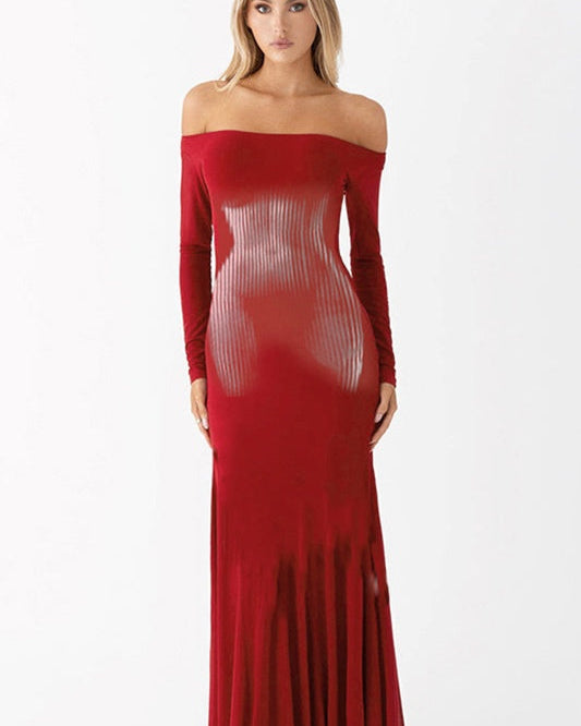 Omuzları Açık Baskılı Body Maxi Elbise